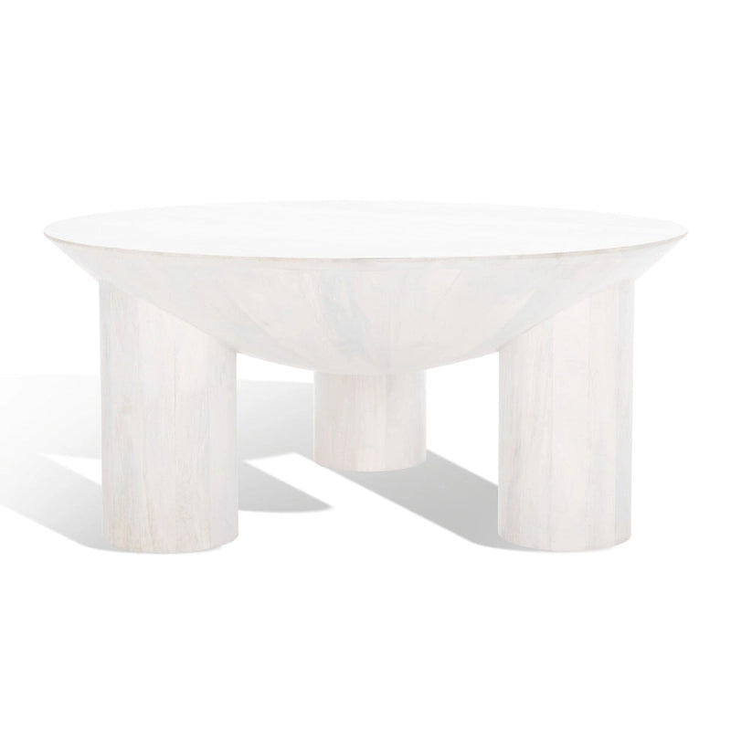 Round Wood Coffee Table 35"W x 35"D x 16"H - Solid Mango Wood - 3 Cylindrical Legs - Sculptural Asymmetrical Design