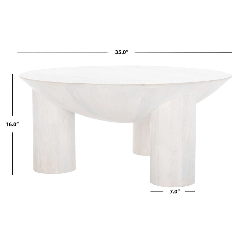 Round Wood Coffee Table 35"W x 35"D x 16"H - Solid Mango Wood - 3 Cylindrical Legs - Sculptural Asymmetrical Design