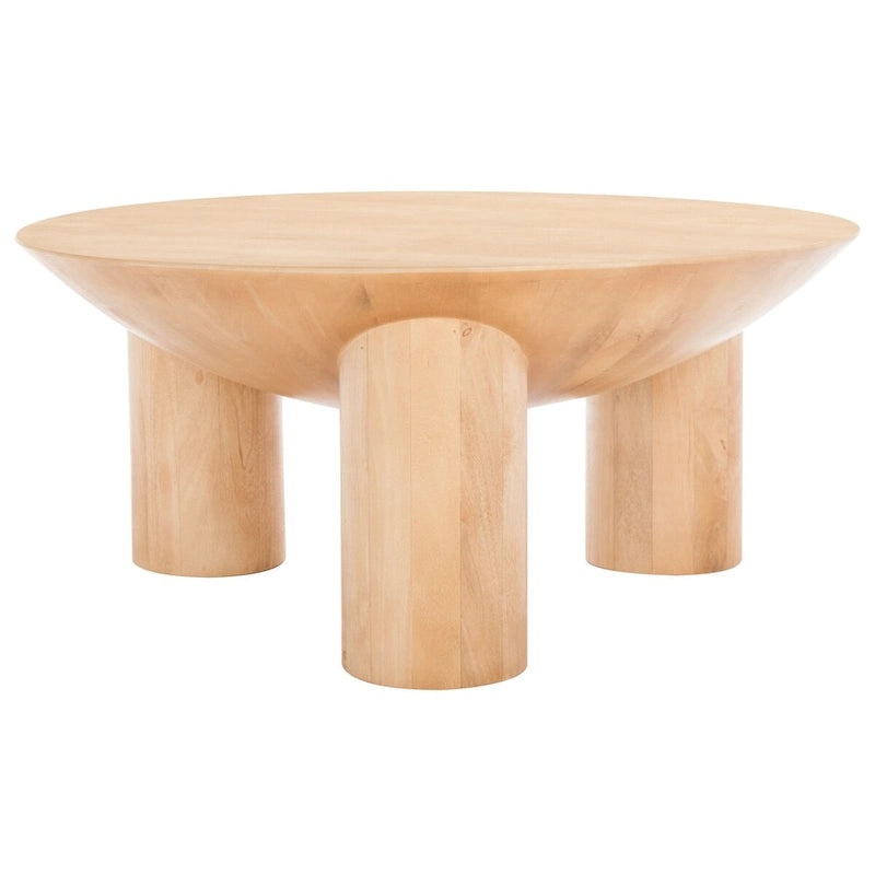 Round Wood Coffee Table 35"W x 35"D x 16"H - Solid Mango Wood - 3 Cylindrical Legs - Sculptural Asymmetrical Design