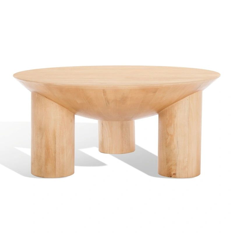 Round Wood Coffee Table 35"W x 35"D x 16"H - Solid Mango Wood - 3 Cylindrical Legs - Sculptural Asymmetrical Design
