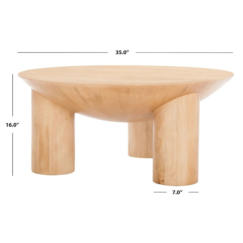 Round Wood Coffee Table 35"W x 35"D x 16"H - Solid Mango Wood - 3 Cylindrical Legs - Sculptural Asymmetrical Design