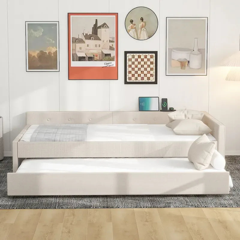 Full Platform Bed with Twin Trundle - Linen Upholstered, Built-in USB Ports, 600 lbs Capacity - Beige Modern Bed Frame
