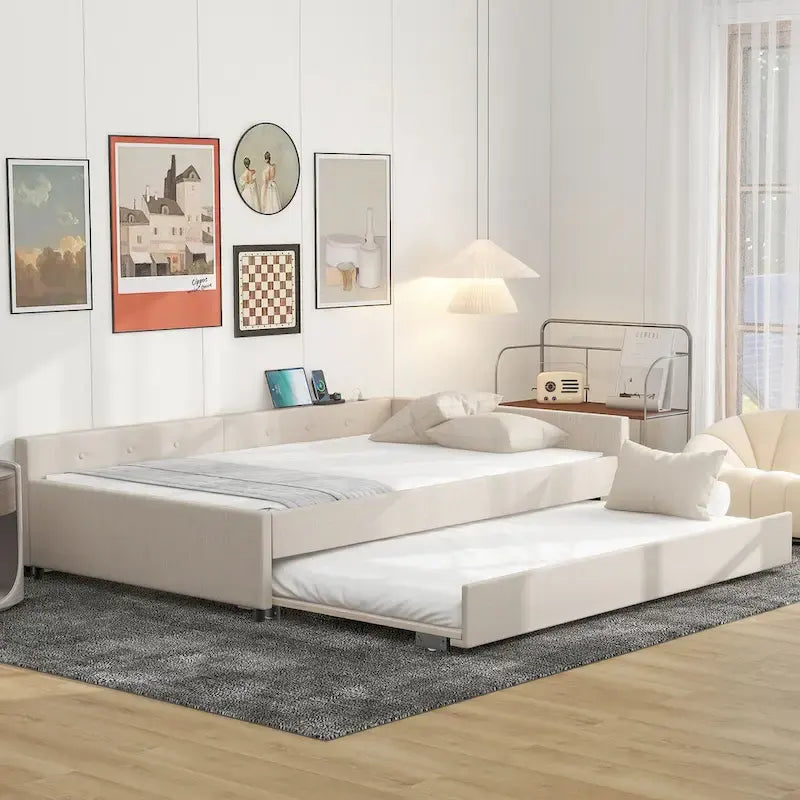Full Platform Bed with Twin Trundle - Linen Upholstered, Built-in USB Ports, 600 lbs Capacity - Beige Modern Bed Frame