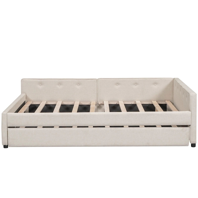 Full Platform Bed with Twin Trundle - Linen Upholstered, Built-in USB Ports, 600 lbs Capacity - Beige Modern Bed Frame