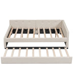 Full Platform Bed with Twin Trundle - Linen Upholstered, Built-in USB Ports, 600 lbs Capacity - Beige Modern Bed Frame