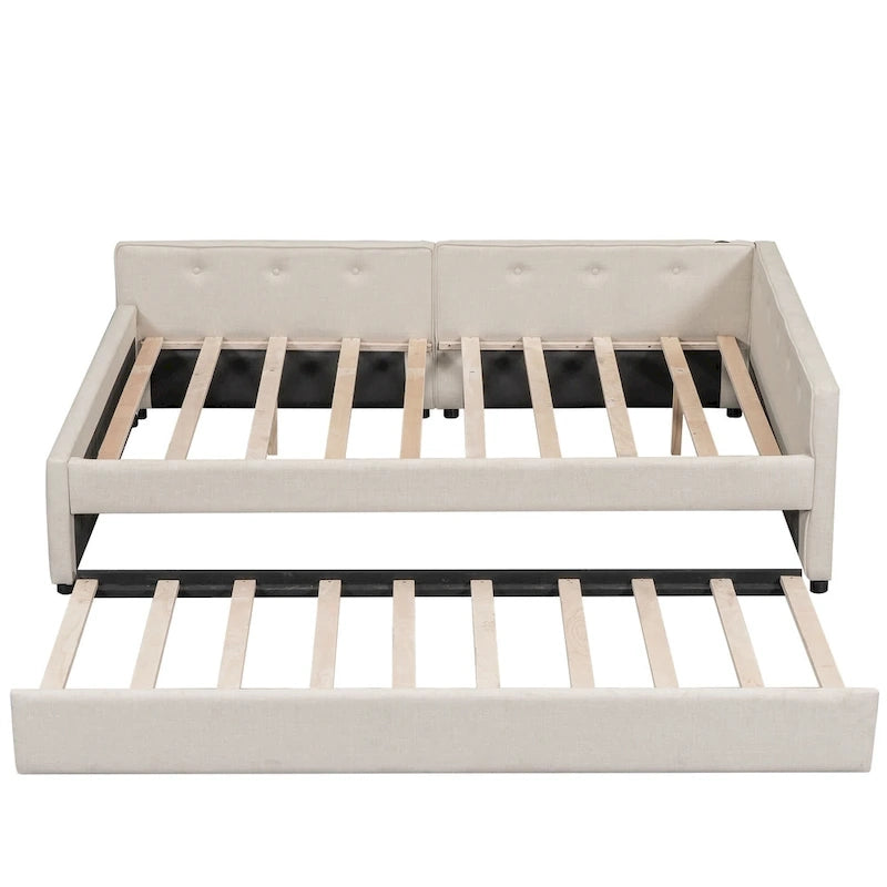 Full Platform Bed with Twin Trundle - Linen Upholstered, Built-in USB Ports, 600 lbs Capacity - Beige Modern Bed Frame