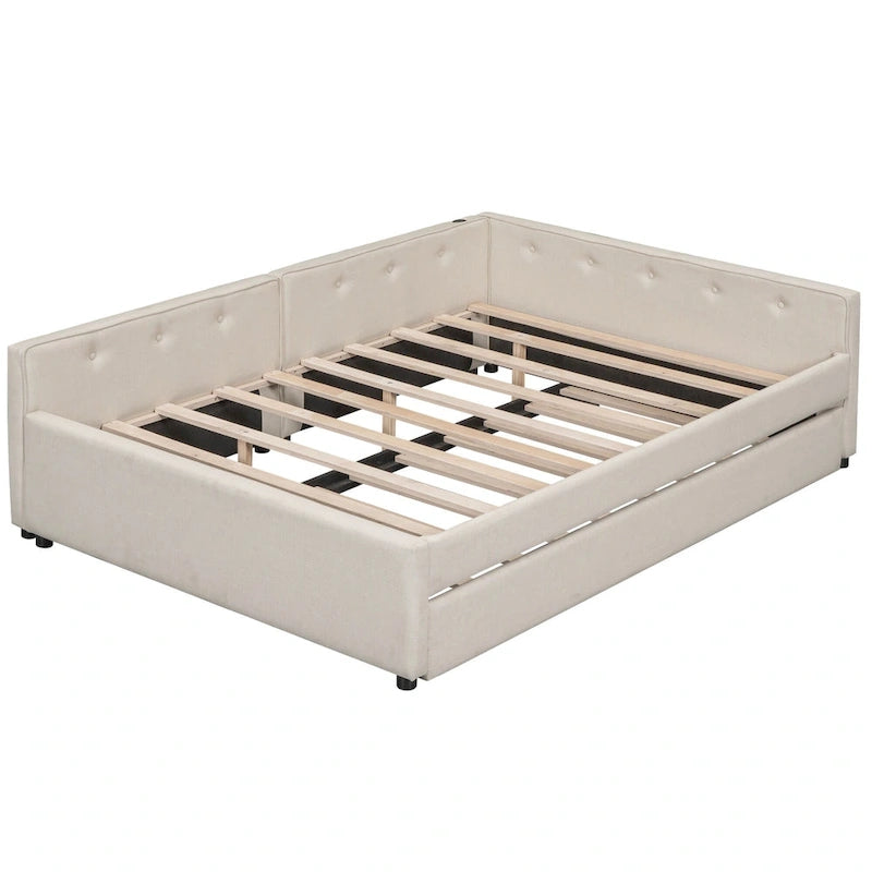 Full Platform Bed with Twin Trundle - Linen Upholstered, Built-in USB Ports, 600 lbs Capacity - Beige Modern Bed Frame