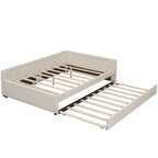 Full Platform Bed with Twin Trundle - Linen Upholstered, Built-in USB Ports, 600 lbs Capacity - Beige Modern Bed Frame