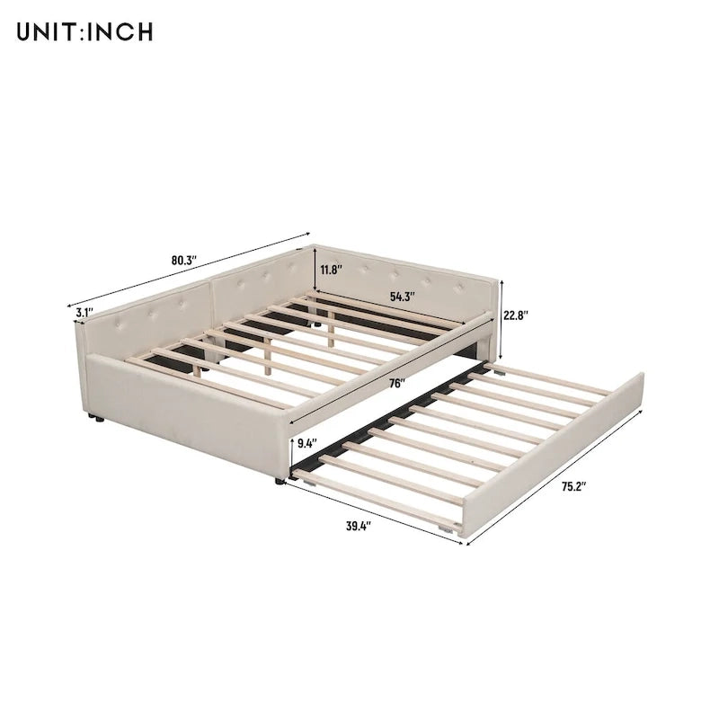 Full Platform Bed with Twin Trundle - Linen Upholstered, Built-in USB Ports, 600 lbs Capacity - Beige Modern Bed Frame