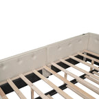 Full Platform Bed with Twin Trundle - Linen Upholstered, Built-in USB Ports, 600 lbs Capacity - Beige Modern Bed Frame