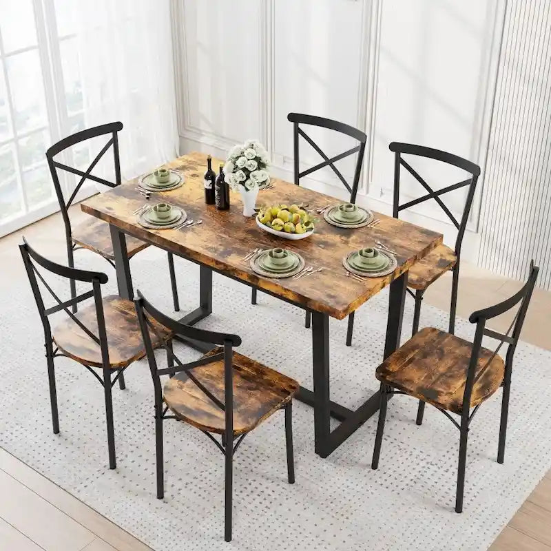 5-Piece Dining Table Set with 4 Chairs - Industrial Style MDF Wood & Steel Frame - Space-Saving Compact Design