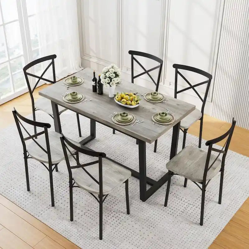 5-Piece Dining Table Set with 4 Chairs - Industrial Style MDF Wood & Steel Frame - Space-Saving Compact Design
