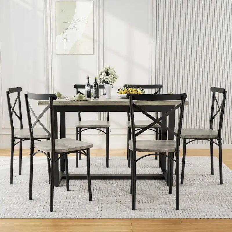 5-Piece Dining Table Set with 4 Chairs - Industrial Style MDF Wood & Steel Frame - Space-Saving Compact Design