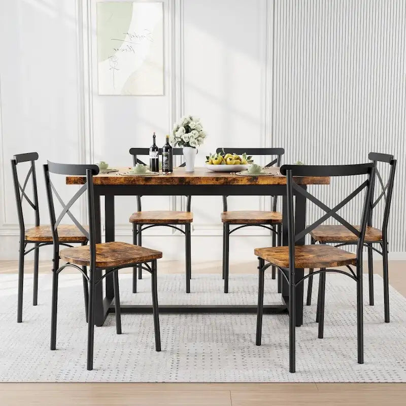 5-Piece Dining Table Set with 4 Chairs - Industrial Style MDF Wood & Steel Frame - Space-Saving Compact Design
