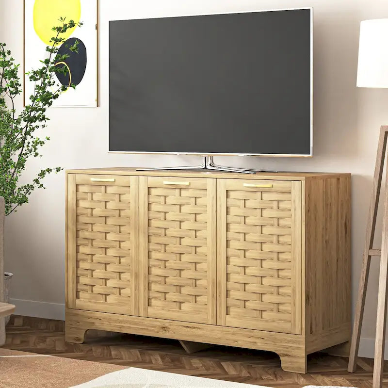 47.25" Sideboard Buffet Cabinet - MDF Wood, Woven Doors, Adjustable Shelf, Gold Handles - Farmhouse Storage