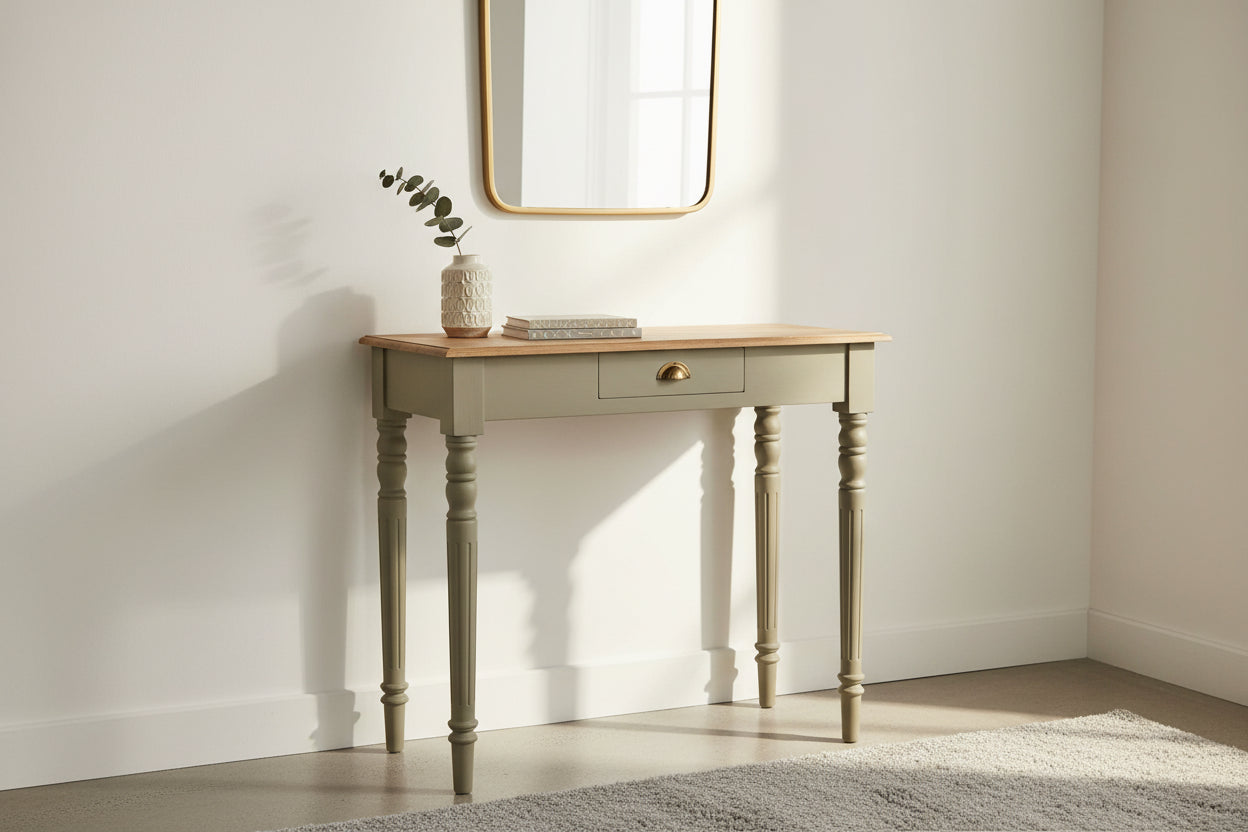 Hand Painted Writing Desk - Solid Mango Wood, French Grey Base, Oak Stained Top, 1 Drawer, Carved Flute Legs, Vintage French Style