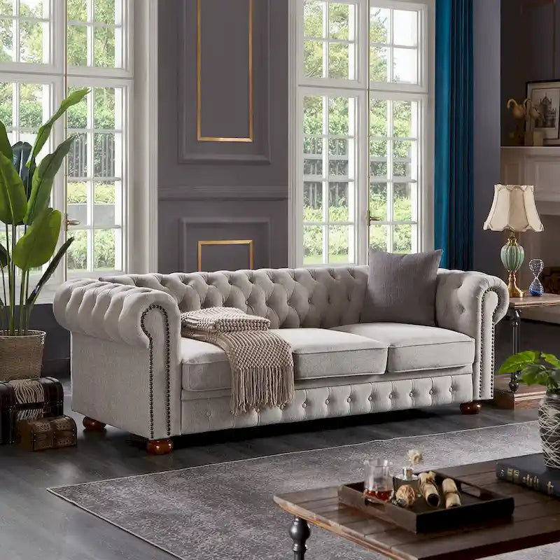 Chesterfield Linen Fabric Sofa - 3 Seater, 88.5"L x 37"W x 28"H, Solid Wood Frame, Foam Cushion, Round Arm, 900lbs Capacity