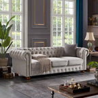 Chesterfield Linen Fabric Sofa - 3 Seater, 88.5"L x 37"W x 28"H, Solid Wood Frame, Foam Cushion, Round Arm, 900lbs Capacity