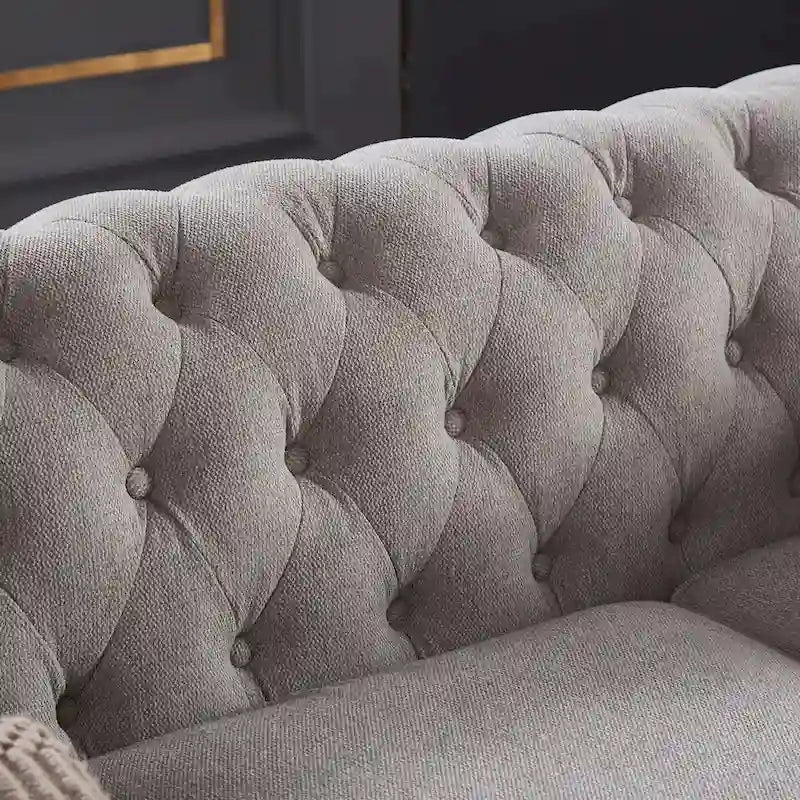 Chesterfield Linen Fabric Sofa - 3 Seater, 88.5"L x 37"W x 28"H, Solid Wood Frame, Foam Cushion, Round Arm, 900lbs Capacity