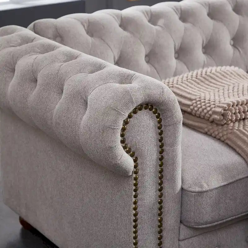 Chesterfield Linen Fabric Sofa - 3 Seater, 88.5"L x 37"W x 28"H, Solid Wood Frame, Foam Cushion, Round Arm, 900lbs Capacity