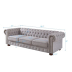 Chesterfield Linen Fabric Sofa - 3 Seater, 88.5"L x 37"W x 28"H, Solid Wood Frame, Foam Cushion, Round Arm, 900lbs Capacity
