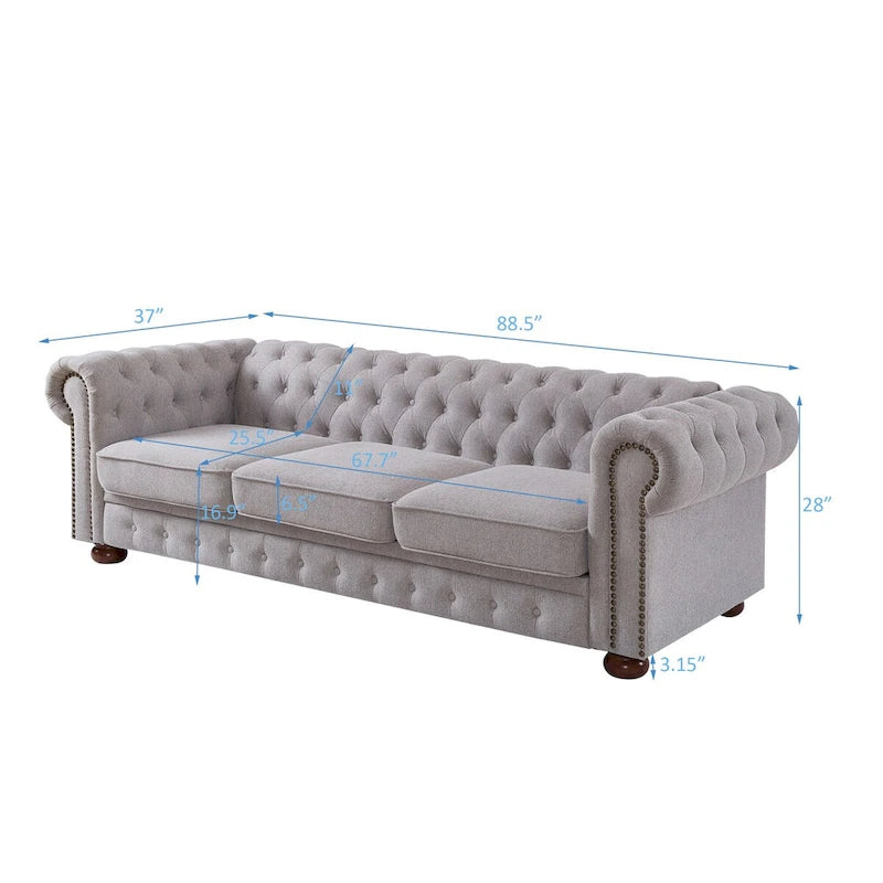 Chesterfield Linen Fabric Sofa - 3 Seater, 88.5"L x 37"W x 28"H, Solid Wood Frame, Foam Cushion, Round Arm, 900lbs Capacity