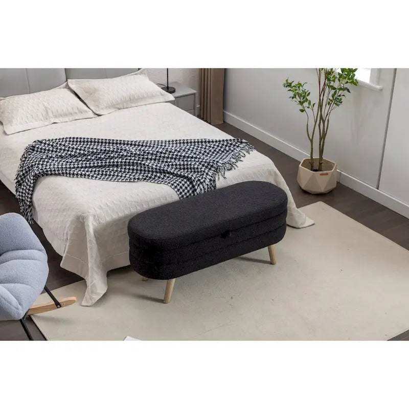 Boucle Fabric Storage Bench with Wood Legs - 48.88"D x 16.93"W x 18.7"H - 300 lbs Capacity - Bedroom Living Room Bench