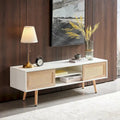 55" Rattan TV Cabinet with Sliding Doors - White Media Console, Adjustable Shelf, Solid Wood Legs - 220lbs Capacity