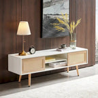 55" Rattan TV Cabinet with Sliding Doors - White Media Console, Adjustable Shelf, Solid Wood Legs - 220lbs Capacity