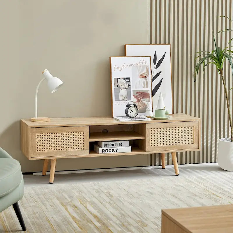 55" Rattan TV Cabinet with Sliding Doors - White Media Console, Adjustable Shelf, Solid Wood Legs - 220lbs Capacity