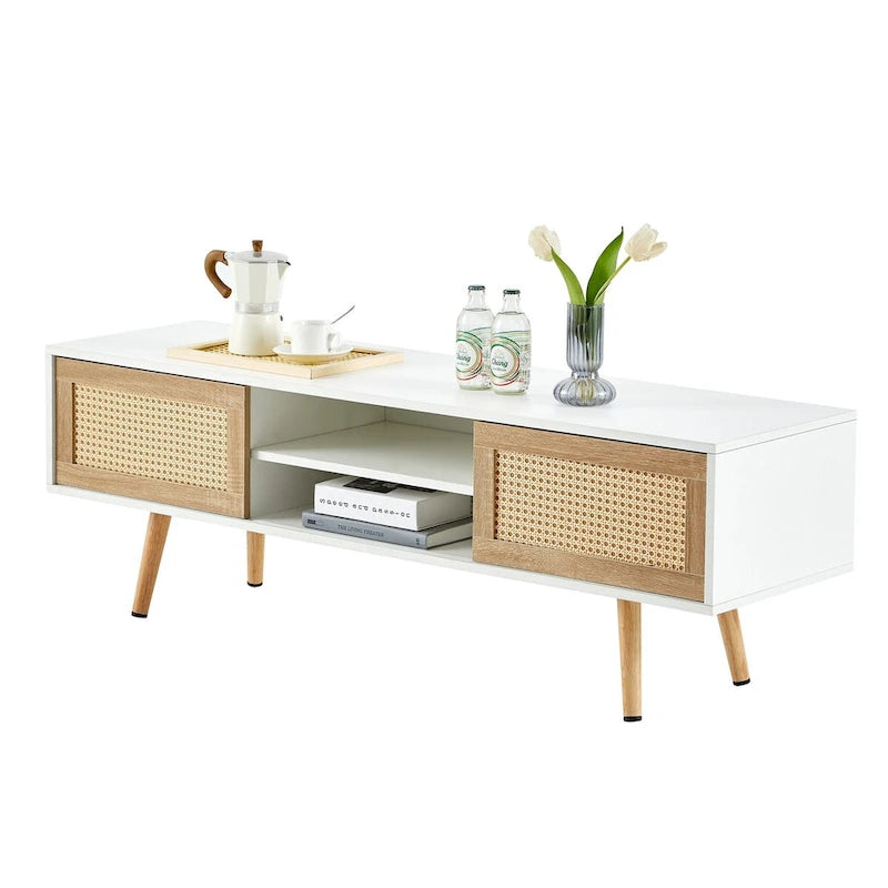 55" Rattan TV Cabinet with Sliding Doors - White Media Console, Adjustable Shelf, Solid Wood Legs - 220lbs Capacity