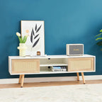 55" Rattan TV Cabinet with Sliding Doors - White Media Console, Adjustable Shelf, Solid Wood Legs - 220lbs Capacity