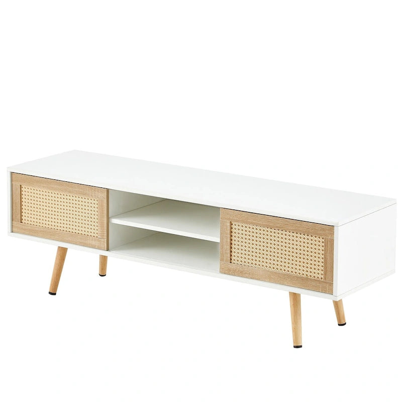 55" Rattan TV Cabinet with Sliding Doors - White Media Console, Adjustable Shelf, Solid Wood Legs - 220lbs Capacity
