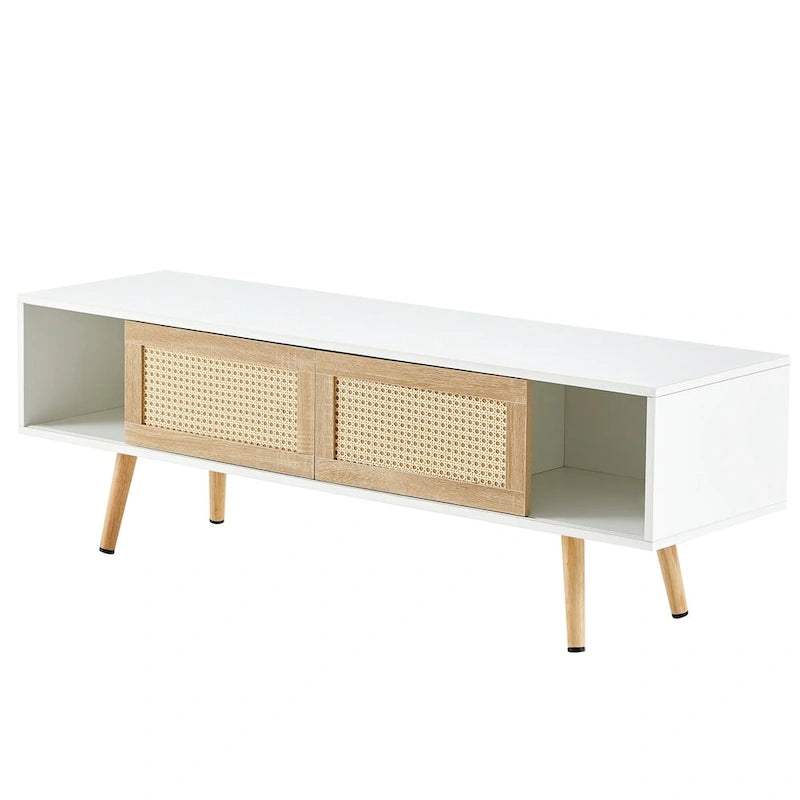 55" Rattan TV Cabinet with Sliding Doors - White Media Console, Adjustable Shelf, Solid Wood Legs - 220lbs Capacity