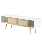 55" Rattan TV Cabinet with Sliding Doors - White Media Console, Adjustable Shelf, Solid Wood Legs - 220lbs Capacity