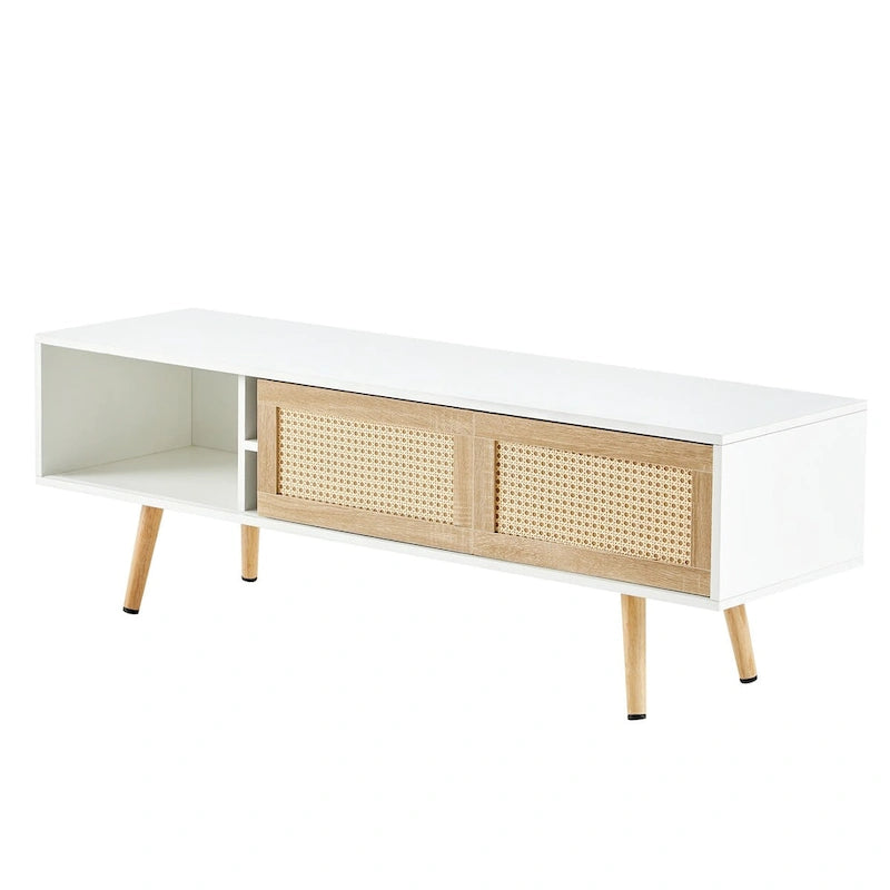 55" Rattan TV Cabinet with Sliding Doors - White Media Console, Adjustable Shelf, Solid Wood Legs - 220lbs Capacity