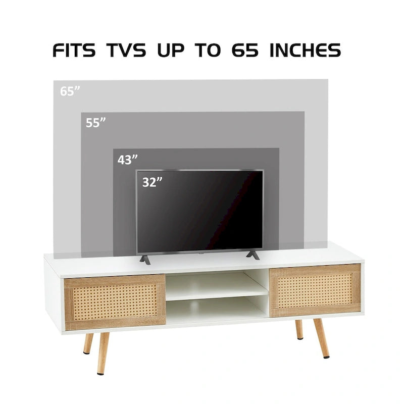 55" Rattan TV Cabinet with Sliding Doors - White Media Console, Adjustable Shelf, Solid Wood Legs - 220lbs Capacity