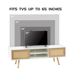 55" Rattan TV Cabinet with Sliding Doors - White Media Console, Adjustable Shelf, Solid Wood Legs - 220lbs Capacity