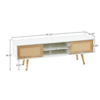 55" Rattan TV Cabinet with Sliding Doors - White Media Console, Adjustable Shelf, Solid Wood Legs - 220lbs Capacity