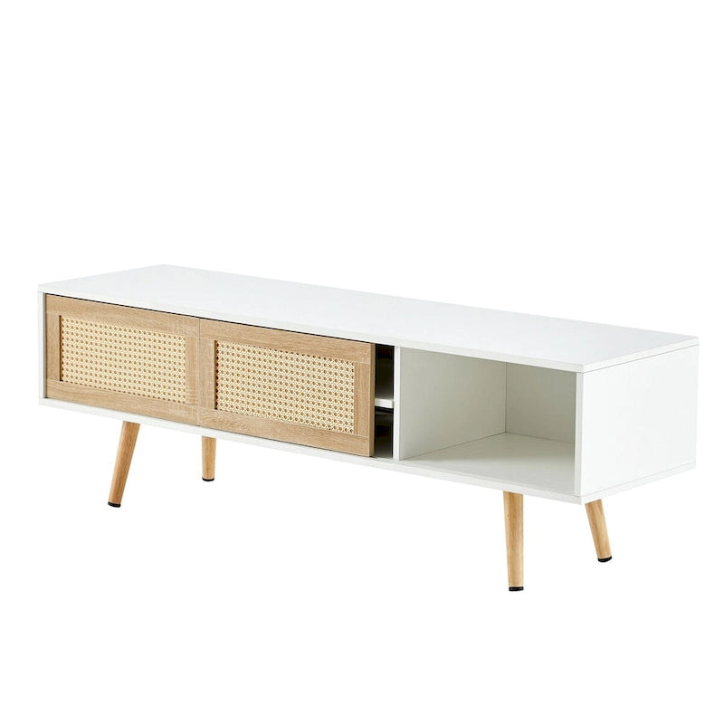 55" Rattan TV Cabinet with Sliding Doors - White Media Console, Adjustable Shelf, Solid Wood Legs - 220lbs Capacity