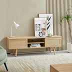 55" Rattan TV Cabinet with Sliding Doors - White Media Console, Adjustable Shelf, Solid Wood Legs - 220lbs Capacity