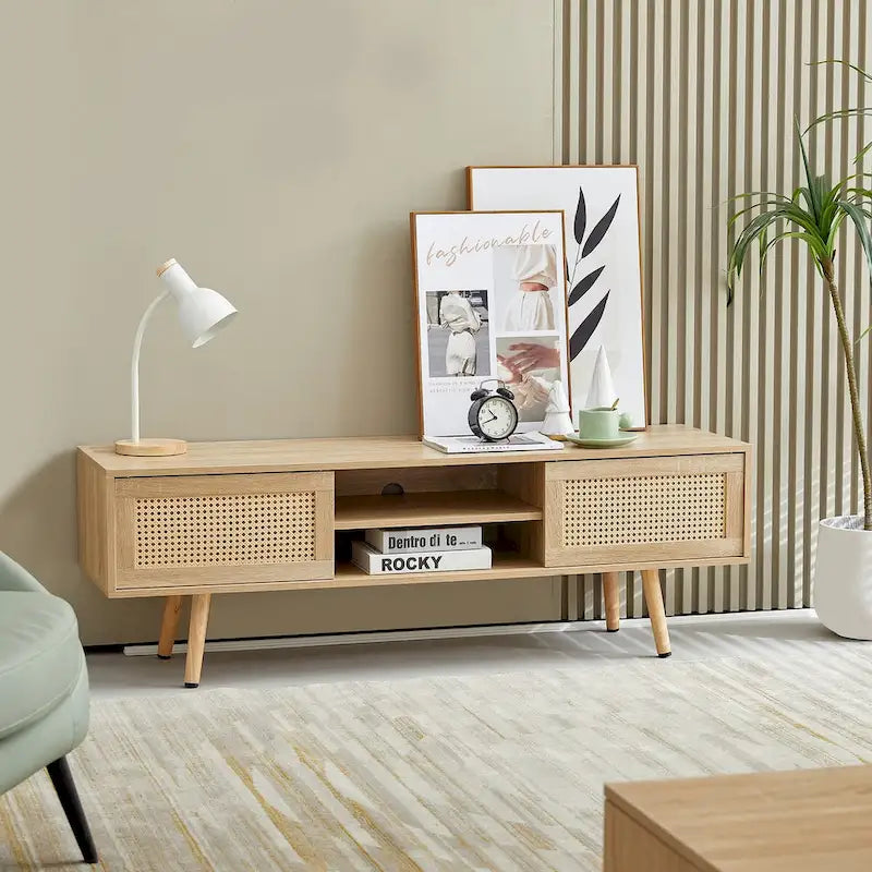 55" Rattan TV Cabinet with Sliding Doors - White Media Console, Adjustable Shelf, Solid Wood Legs - 220lbs Capacity