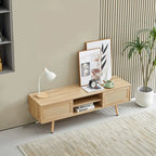 55" Rattan TV Cabinet with Sliding Doors - White Media Console, Adjustable Shelf, Solid Wood Legs - 220lbs Capacity