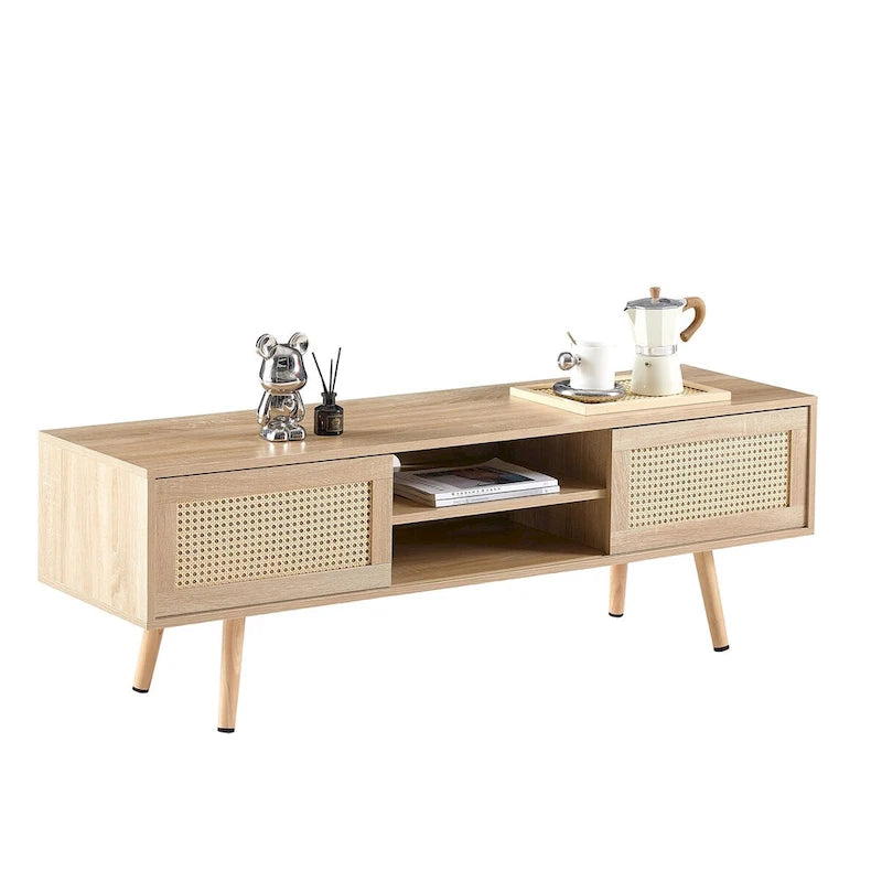 55" Rattan TV Cabinet with Sliding Doors - White Media Console, Adjustable Shelf, Solid Wood Legs - 220lbs Capacity