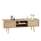 55" Rattan TV Cabinet with Sliding Doors - White Media Console, Adjustable Shelf, Solid Wood Legs - 220lbs Capacity