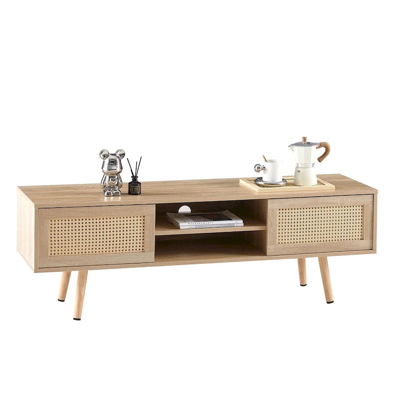 55" Rattan TV Cabinet with Sliding Doors - White Media Console, Adjustable Shelf, Solid Wood Legs - 220lbs Capacity