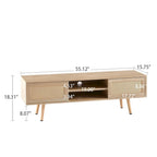 55" Rattan TV Cabinet with Sliding Doors - White Media Console, Adjustable Shelf, Solid Wood Legs - 220lbs Capacity