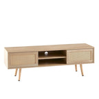 55" Rattan TV Cabinet with Sliding Doors - White Media Console, Adjustable Shelf, Solid Wood Legs - 220lbs Capacity