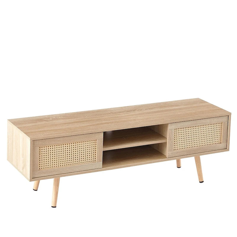 55" Rattan TV Cabinet with Sliding Doors - White Media Console, Adjustable Shelf, Solid Wood Legs - 220lbs Capacity