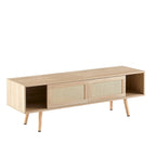 55" Rattan TV Cabinet with Sliding Doors - White Media Console, Adjustable Shelf, Solid Wood Legs - 220lbs Capacity